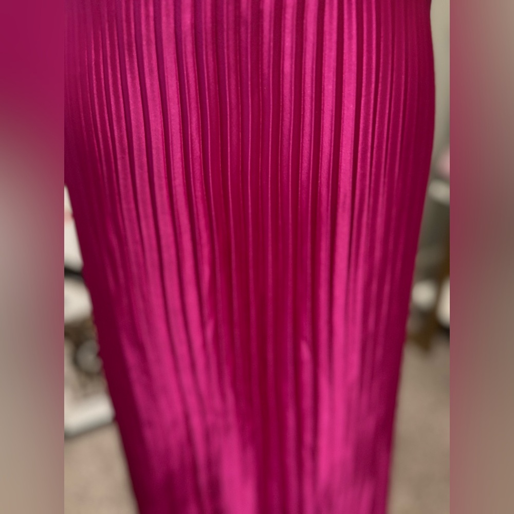 Amsale Deep Plunge Front & Back Midi Dress Pleated Skirt Bright Pink 16 NWT - Picture 9 of 12